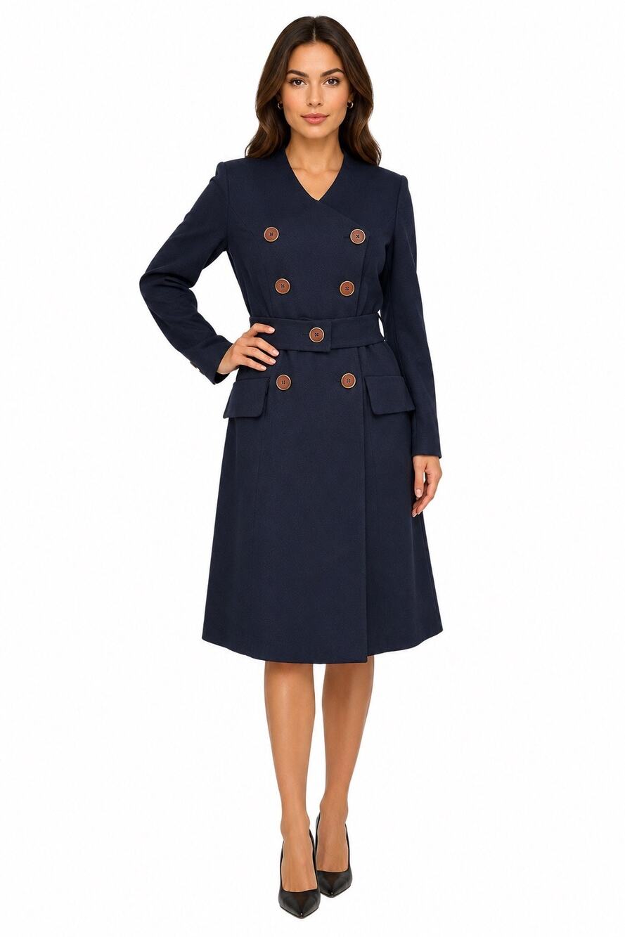 1980s OOAK Navy Belted Coat Dress Handmade Minimalist Midi Medium
